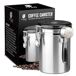Bean Envy Coffee Canister – 22.5 oz Coffee Storage Container and Organizer w/Stainless Steel Scoop, Date Tracker & Co2-Release Valve – Essential Coffee Accessories, Steel