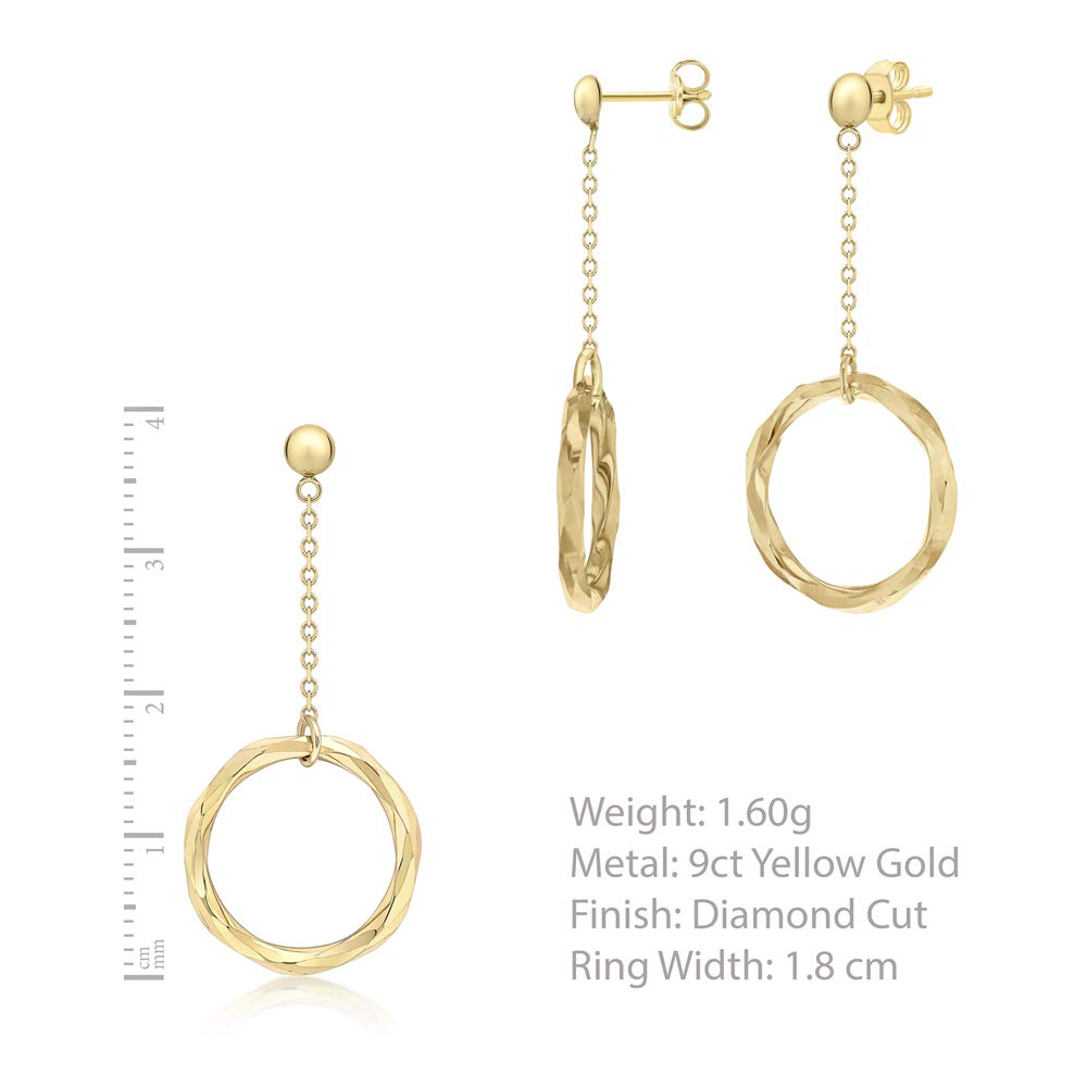 Carissima Damskie kolczyki z zawieszką w kształcie pierścienia i łańcuszka z 9-karatowego żółtego złota ze szlifem diamentowym 18 mm