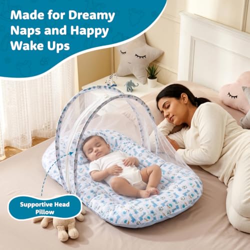 Image of Amazon Brand - Supples Baby Bed Mattress with Mosquito net | Animal Print | Blue
