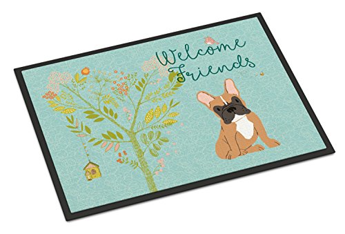 Caroline's Treasures BB7633MAT Welcome Friends Fawn French Bulldog Doormat 18x27 Front Door Mat Indoor Outdoor Rugs for Entryway, Non Slip Washable Low Pile, 18H X 27W