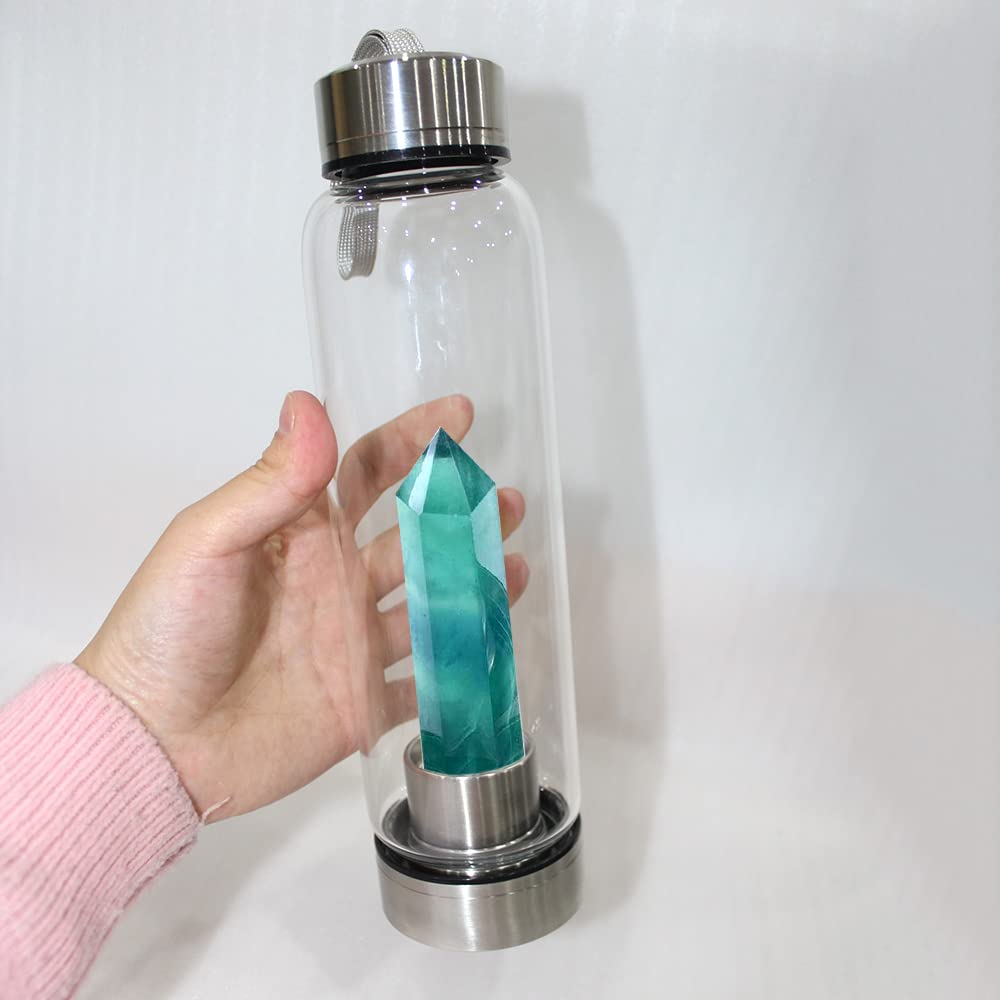 Tyuodna Bouteille d'eau en cristal de quartz naturel amovible Bouteille d'eau en verre de quartz naturel Bouteille d'eau de guérison en quartz naturel Portable Antifuite 550 ml (fluorite