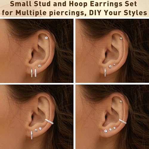 BESTEEL Hypoallergenic Surgical Steel Flat Back Earrings for Sensitive Ears | Silver Gold Small Stainless Steel Earrings for Women Men Tiny CZ Ball Flatback Earrings Cartilage Hoop Stud Earrings Set for Multiple Piercing 20G2