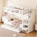 Racxily Litera con Escalera de Almacenamiento y Dos Grandes cajones, Cama Infantil 90 x 200/90 x 200 cm, literas Juveniles de Madera Maciza con Escalera de Seguridad y somier de láminas, Blanco