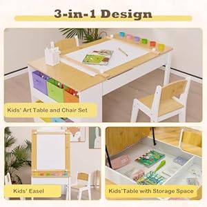 Costzon 3 in 1 Kids Table and Chair Set, Wood Art Table & Easel Set with 2 Chairs, 6 Storage Bins, Paper Roller, Paint Cups for Draw, Write, Play, Arts & Crafts, Toddler Table and Chair Set (Natural) Costzon 3 in 1 Kids Table and Chair Set Wood Art Table Easel Set with 2 Chairs 6 Storage Bins Paper Roller Paint Cups for Draw Write Play Arts Crafts Toddler Table and Chair Set Natural