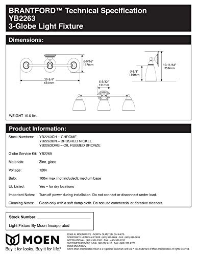Moen Yb2263Bn Brantford 3-Light Dual-Mount Bath Bathroom Vanity Fixture With Frosted Glass, Brushed Nickel 9.60 X 10.00 X 20.60 Inches #TOP4