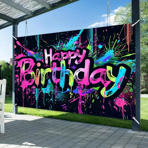 Image of HOMETITUTE Neon Happy Birthday Banner 120x84 inch Photography Backdrops Party Background Decorations Colorful Graffiti Splash Paint KidsBirthday Supplies Glow in The Dark