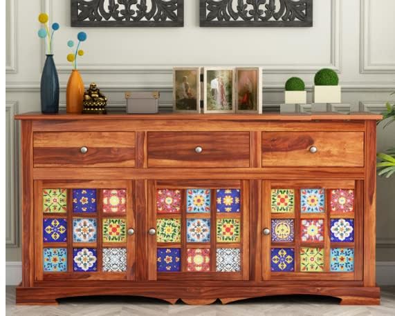 Wooden Sideboard Cabinet with 3 Door and 3 Drawer Storage for Living Room | Solid Wood Kitchen Cabinet for Living Room with 2 Shelf for Storage. (Honey-Tile)-image-13