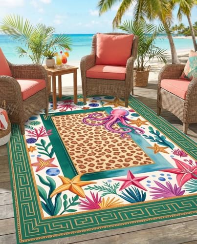 Cute Underworld Animals Leopard Outdoor Rug for Patio Balcony Terrace