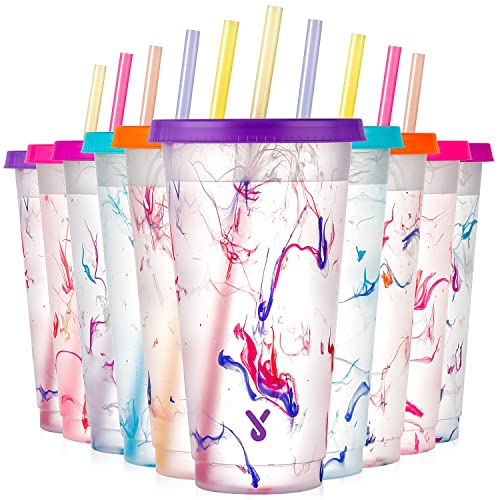 Meoky Color Changing Cups With Lids And Straws - 10 Pack 24 Oz Plastic Tumblers With Lids And Straws Bulk, Reusable Cups With Lids And Straws For Kids Women Party, Cute Cups For Iced Coffee(Swirl) #TOP25