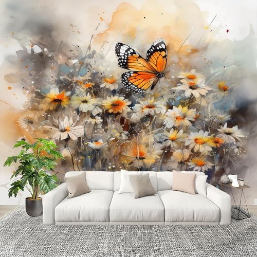 Mural 300x210cm Acuarela Flores Mariposas Papel Pintado Mural Efecto 3D Papel Tapiz Decorativos pared Murales Póster Blanco para Sala de Juegos Cocina Comedor Decoración de Pared
