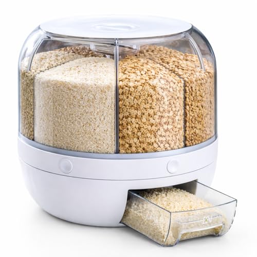 VERDYN MART - 6 Grid Rotating Food Grain Dispenser 3.6L White Plastic BPA free Dry Food Storage Container with Push Button Design for Rice Cereal Beans and Air Tight Kitchen Organization