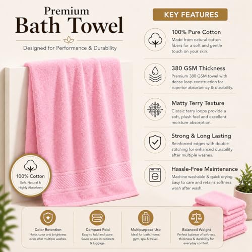 Image of 100% Pure Cotton Bath Towel for Men & Women | 380 GSM Ultra Soft, Highly Absorbent & Quick Dry Bath Towel | Large 55 x 28 Inch Matty Terry Towel for Bathroom, Gym, Travel & Daily Use | Baby Pink