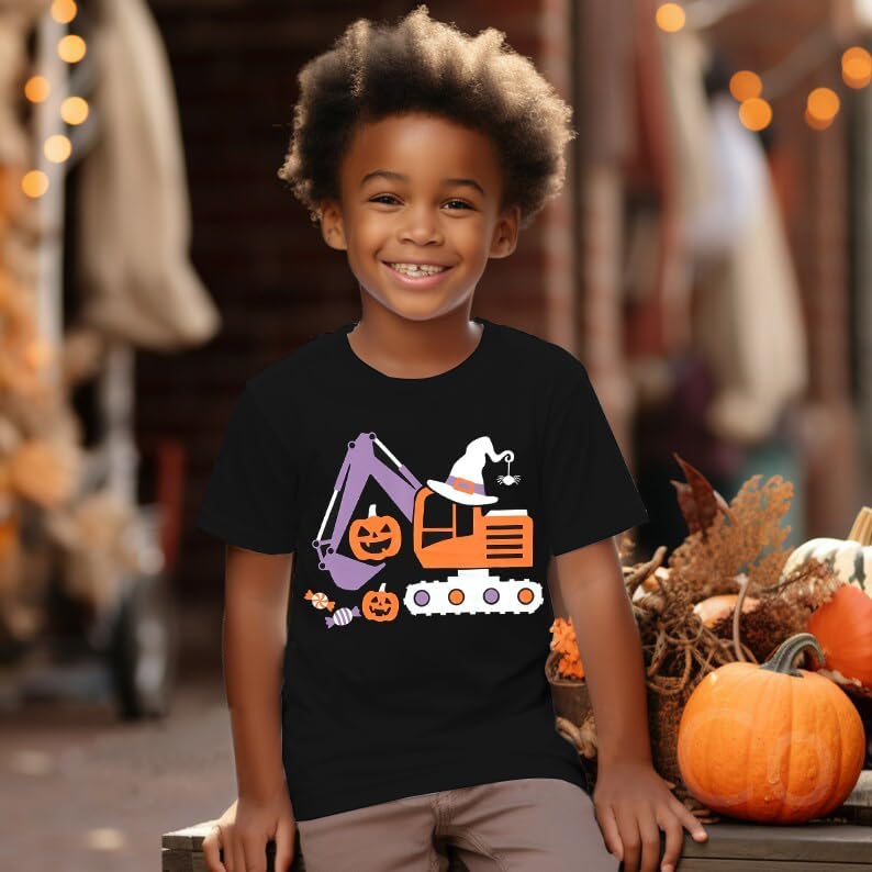 Miniatura 4 de Camiseta espeluznante que brilla en la oscuridad, manga corta, diseño de excavadora, para niñas, para fiesta de calabaza, Halloween