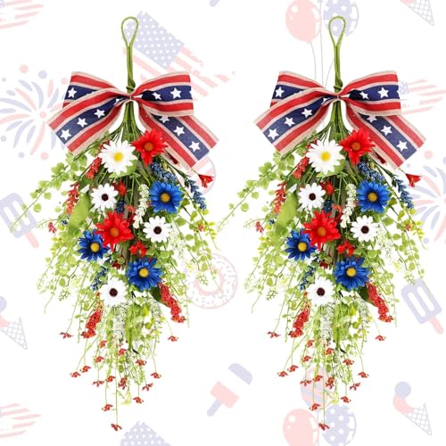 24inch Patriotic Red, White and Blue Floral Swag Wreath for Front Door...