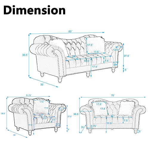 Mgh 3 Piece Living Room Furniture Sofa Sets, Sectional Chesterfield Sofas Couches Furniture For Living Room, Including 3-Seater Sofa, Loveseat And Sofa Chair With Five White Villose Pillow, Blue #TOP3