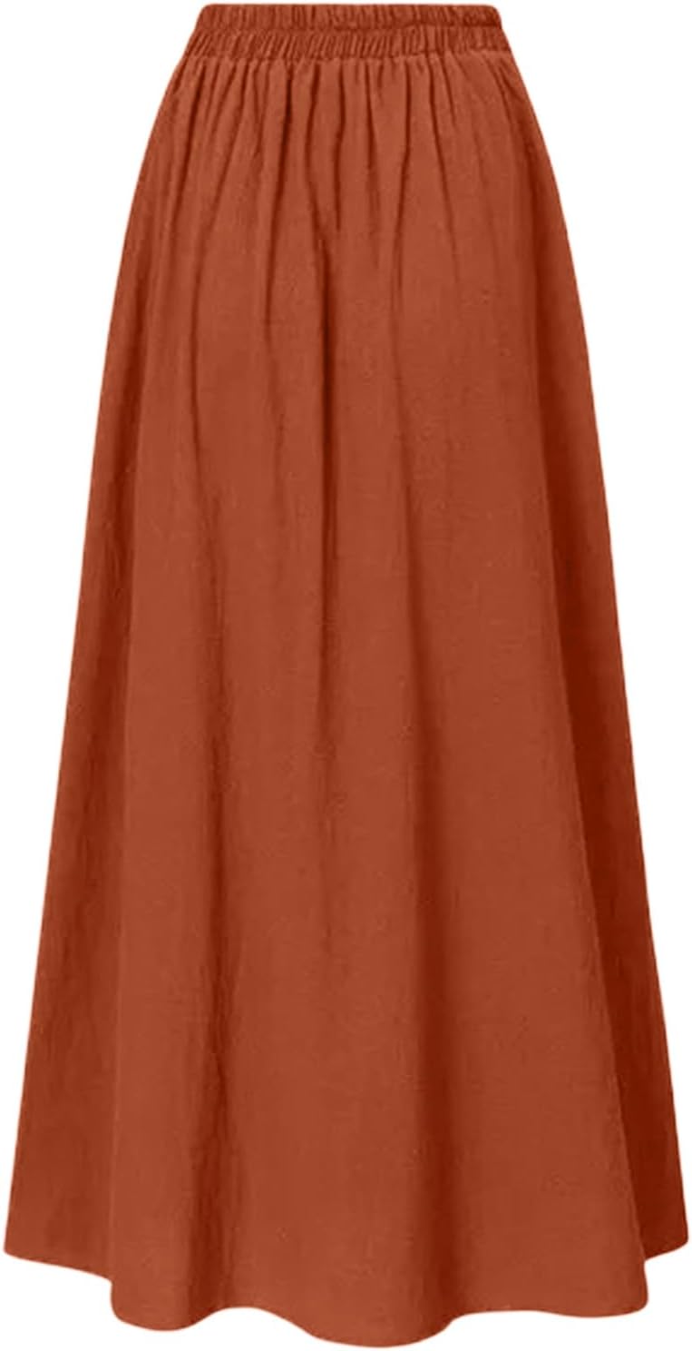 Women's Cotton Linen Midi Skirt with Pockets Casual Flowy Patchwork Elastic High Waist A-Line Long Boho Skirts