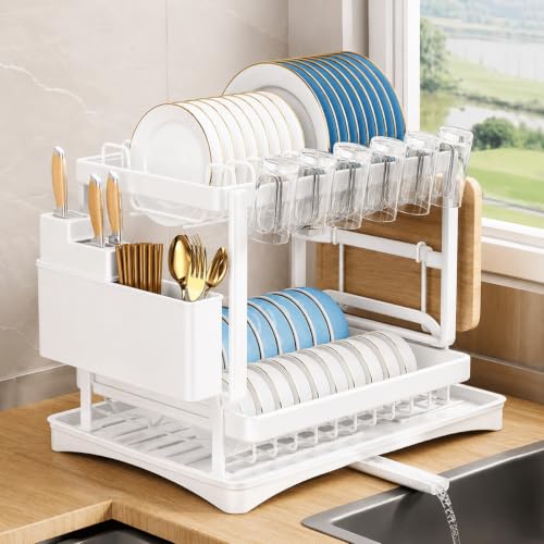 Image of HomeCloud 2-Tier Kitchen Dish Drying Rack & Drainer | Large Capacity Dish Stand with 360 Flexible Drainage System, Removable Drip Tray, Cutlery Holder & Cup Organizer for Countertop (White )