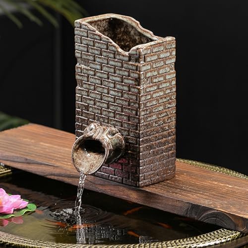 Small Pond Spitter - Ceramic Water Fountain for Fish Ponds, Decorative Aquatic Waterfall Decor with Hose for Water Gardens & Koi Ponds (12x12.5x21.5cm)