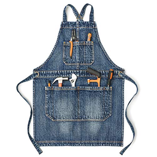 Jeanerlor Damen Schürze, Kreuzrücken, mit Werkzeugtaschen, Denim, Arbeit, Lehrer, Schürzen für Haarstylisten, Kochen, Küche (blau), verstellbar S bis M Cover