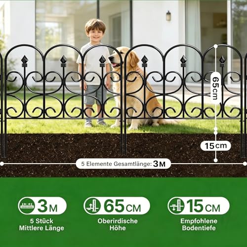 Amagabeli Metall Dekorativer Gartenzaun 81cm Hoch x 61cm Breit (5 Paneele, Gesamtlänge 3m) Steckzaun Ohne Buddeln, Wetterfester Beeteinfassung für Außenbereich, Blumenbeet, Hof, Tier