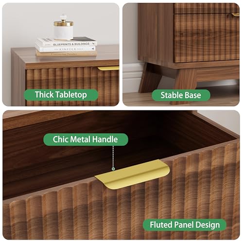 Image of Xixini Fluted Dresser for Bedroom with 3 Drawers, 24 inch Wide Modern Chest of Drawers with Metal Handle, Wooden Dresser TV Stand, Wood Closet Clothes Storage Organizer for Living Room, Hallway, Walnut