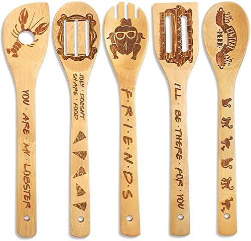 5 Pcs Wooden Spoons Cooking Utensils Set,Unique Friends Merchandise,Nature Wooden Kitchen Utensils Set,Cute Wooden Spatula for Kitchen Decor,Friends TV Show Gifts,Mothers Day Gifts