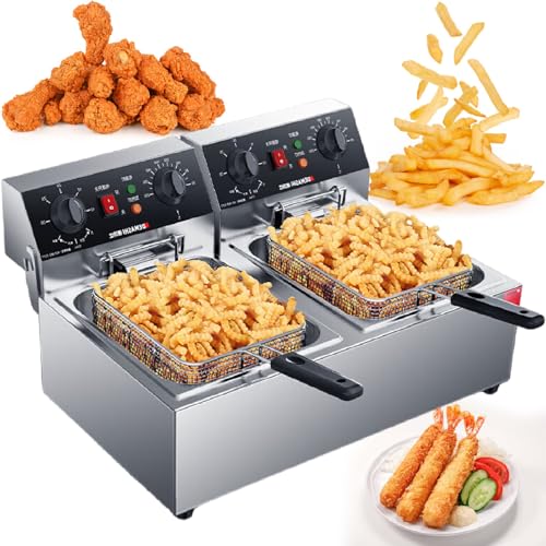 Freidora eléctrica de pavo de 6000 W con 2 cestas extraíbles, freidora comercial de gran capacidad/20 L de acero inoxidable, para encimera, con un solo aceite, para cocina y restaurante, 110 V