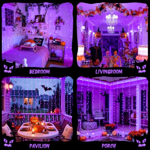 Image of JMEXSUSS 200 LED USB Purple Halloween Lights, 6.5ft x 6.5ft | Halloween Curtain Lights with Remote, 8 Modes Purple Curtain String Lights for Bedroom Party Halloween Decorations