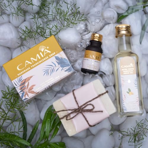 Image of CAMIA Premium Moroccan Argan Oil, 100 ML + Frankincense Essential Oil, 15 ML + Frankincense Soap | Natural Skincare Set for Moisturizing, Anti-Aging & Glowing Skin | Youthful Radiance Kit