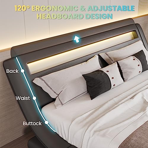 Sha Cerlin Wave-Like Curve Deluxe Upholstered Modern Bed Frame With Led Headboard/Mattress Foundation/No Box Spring Needed/Strong Wood Slats Support/Easy Assemble, Dark Grey, Full #TOP3