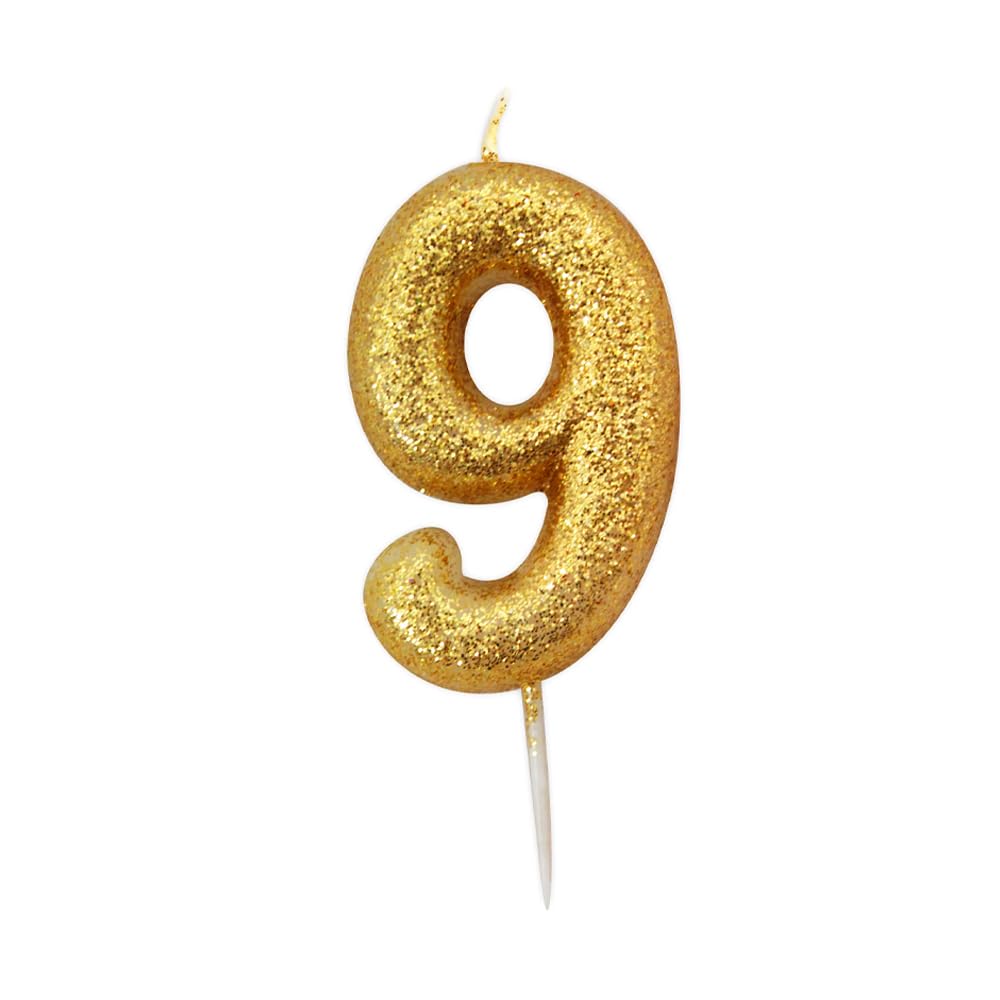 Anniversary House Metallic Gold Glitter Candle, Number 9, 9th Birthday Cake Topper, 7 Centimeters, AHC90/9
