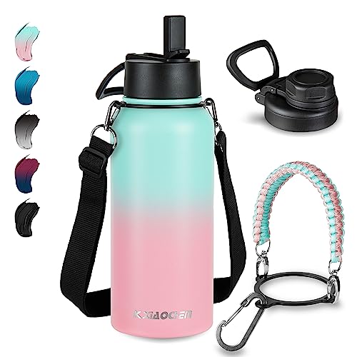 32 Oz Insulated Water Bottle With Paracord Handles & Strap, 2 Lids(Straw Lid&Spout Lid), Stainless Steel Reusable Wide Mouth Metal Water Bottle With Straw, Double Walled, Thermo Mug(Rubber Pink) #TOP22