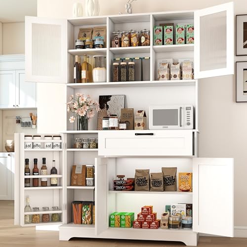 COCO DESIGN Kitchen Storage Cabinet, Pantry Cabinet with Fluted Glass