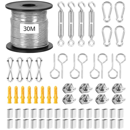 QWORK® 30M Wire Rope Kit, Garden Wire, Garden Wire for Climbing Plants, Heavy Duty 304 Stainless Steel Cable Rope With M5 Turnbuckle Wire Tensioner