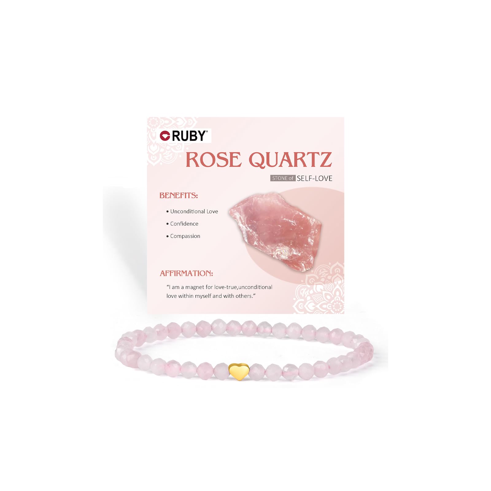 RUBY Edelstein Perlen Armband für Frauen, 4mm Perlen und 18K Vergoldet Edelstahlherz Armbänder Damen,elastischer Schmuck Yoga,Geschenk zum Muttertag-Inklusive Geschenkbox Holz