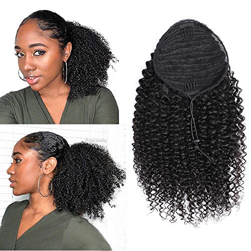 ALISFEEL Ponytail Human Hair Extensions Comb Clip in Pony Tail for Women Thick Soft One Piece Hairpiece (16 Inch, Curly, Wrap Drawstring)