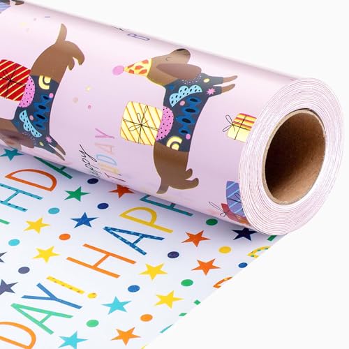 Wikadlik Geburtstags-Geschenkpapier, 43 cm x 10 m, niedlicher Hundeballon-Thema, Alles Gute zum Geburtstag-Schriftzug, rosa Geschenkpapier