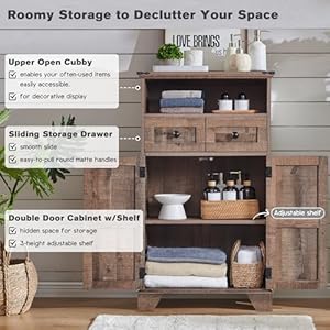 Bathroom Floor Cabinet Farmhouse Bathroom Storage Cabinet 24 Wide Bathroom Cabinet with Drawer Adjustable Shelf Barn Doors Cabinet for Bathroom Kitchen Living Room Rustic Brown