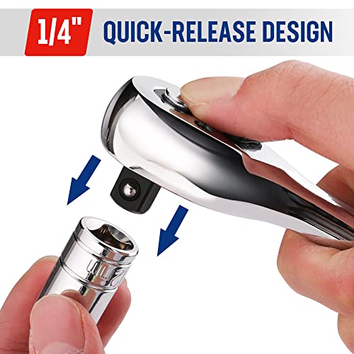 Workpro 1/4-Inch Drive Ratchet Wrench, 72-Tooth Reversible Ratchet, Quick-Release 1/4 Drive Ratchet Handle, Cr-Mo Head, Chrome Plated Finish #TOP3