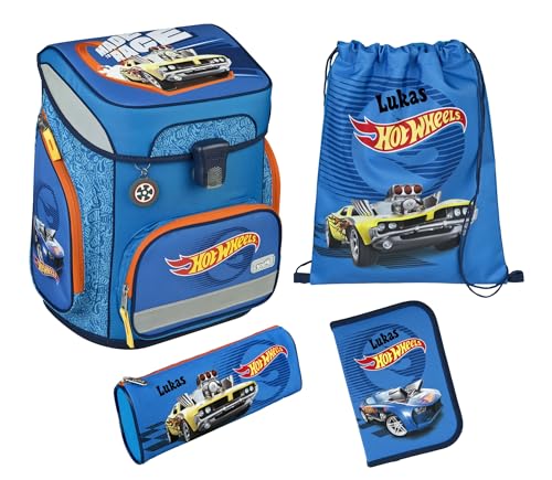 Undercover Schulranzen Set Hot Wheels 5-tlg Jungen 1. Klasse - Mit personalisiertem Inhalt - Schultasche mit Turnbeutel Federmappe für Grundschule