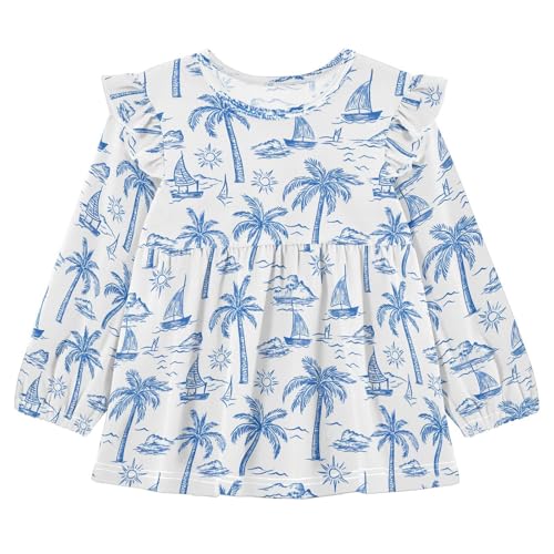Palm Trees Sailboat Blue Girls Shirts Cotton Long Sleeve Ruffle Toddler Tee Tops