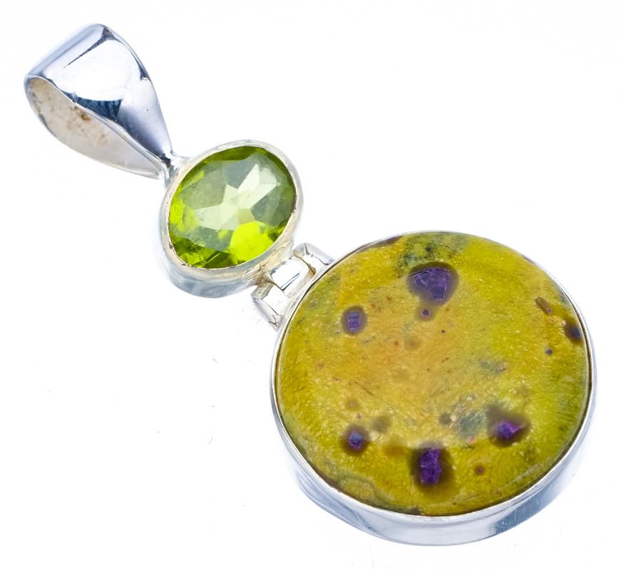 Pendentif jaspe jaune péridot véritable argent sterling F4368