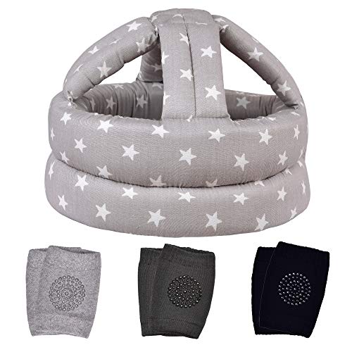 Image of TORASO Baby Helmet & Baby Knee Pads for Crawling,Infant Helmet & Walking Baby Helmet,for Age 6-36 Months, Gray Star(A)
