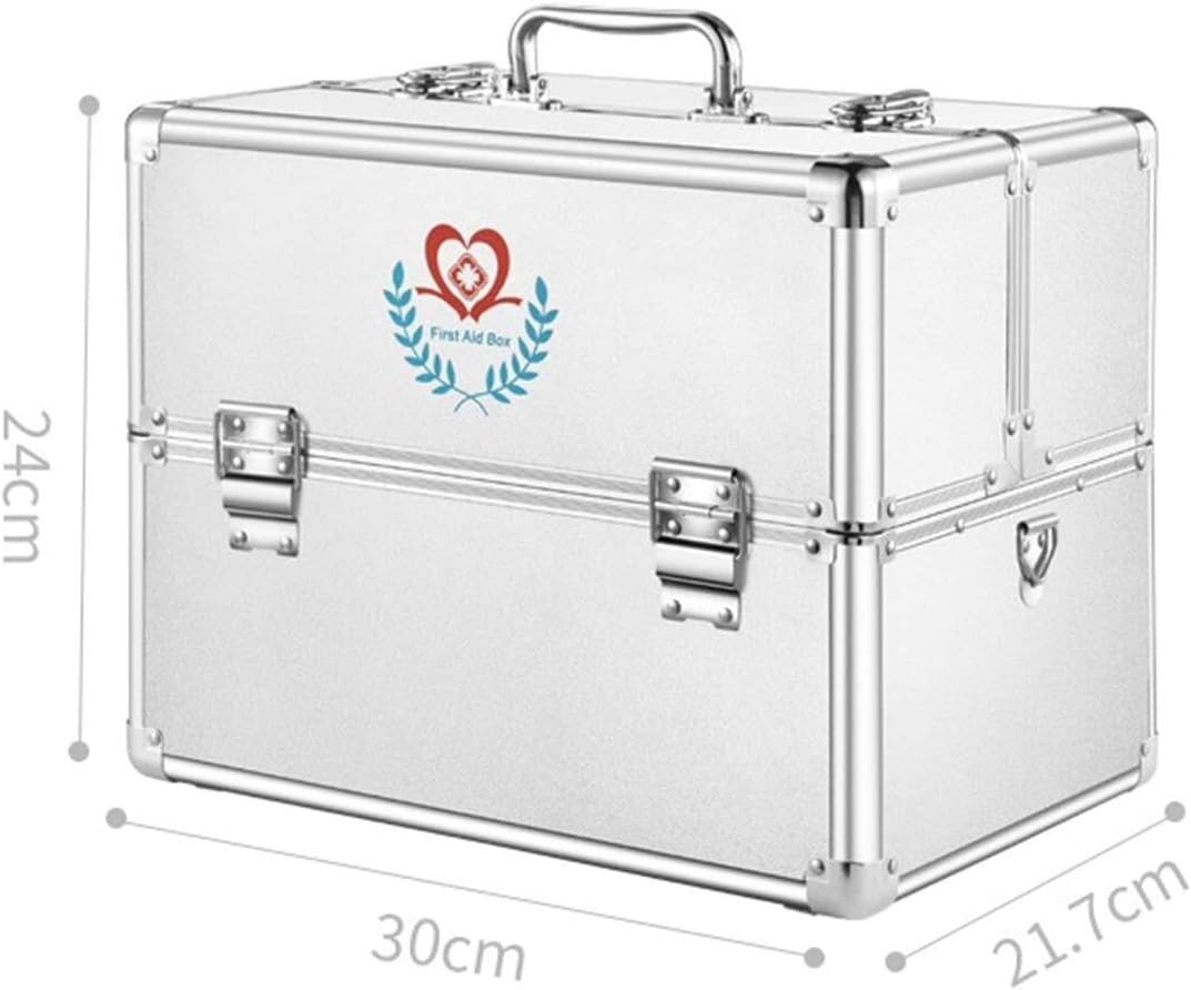 Family First Aid Box – Portable Medicine Chest Storage, Multi-Layer Aluminum Alloy Medical Kit, 14-inch, Silver/White/Pink