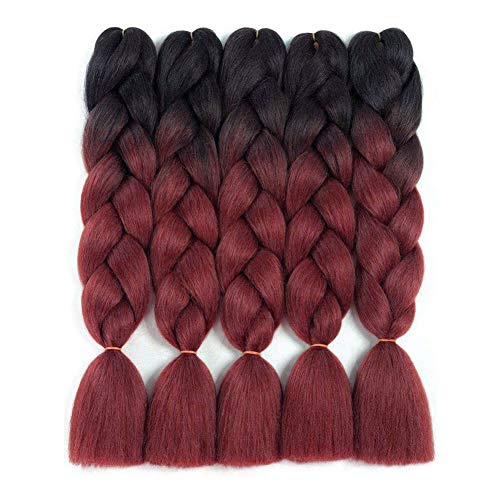 Ombre Kanekalon Braiding Hair 5 Pack Ombre Jumbo Braiding Hair Extensions 24 Inch Jumbo Braid Synthetic Hair for Braiding (5 pack, Black-Burgundy)
