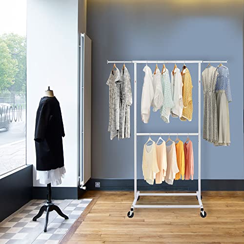 Fishat Simple Standard Double Rod Rolling Clothing Garment Rack For Hanging Clothes, Metal Clothes Organizer With Lockable Wheels (White) #TOP5
