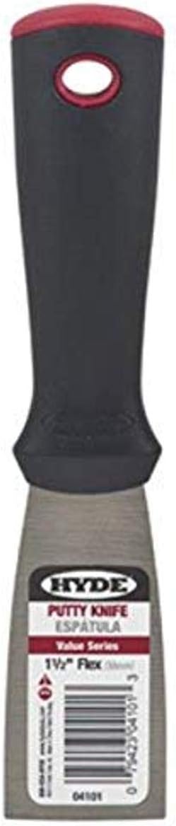 Hyde Tools 4101 1-1/2" Putty Knife-Flexible High Carbon Steel Blade is Tempered and Satin Finished-Handle is Reinforced Polypropylene and is Solvent Resistant