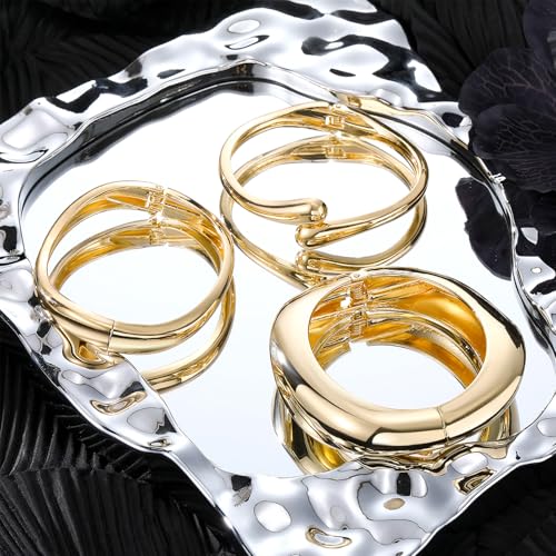 IFKM 3pcs Chunky Gold Bangle Bracelet For Women 14k Gold Plated Trendy Wide Hinged Cuff Open Bracelet Dainty Minimalist Jewelry Gifts4
