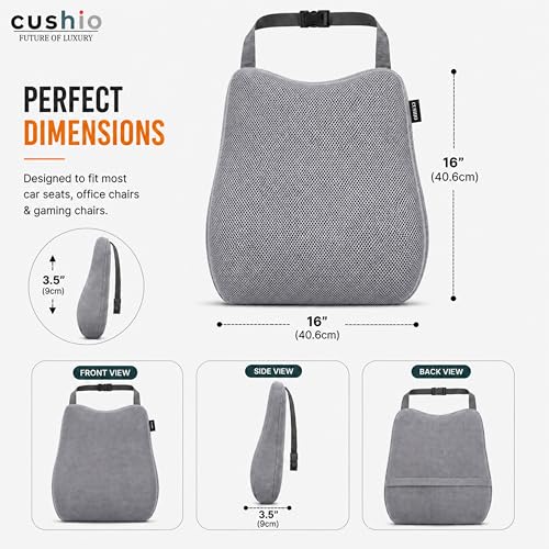 Image of CUSHIO Memory Foam Car Seat Cushion for Back Support, Ergonomic Lumbar Support for Car Seat & Office Chair, Car Back Support Cushion, Chair Cushion for Pain Relief & Posture (Grey)