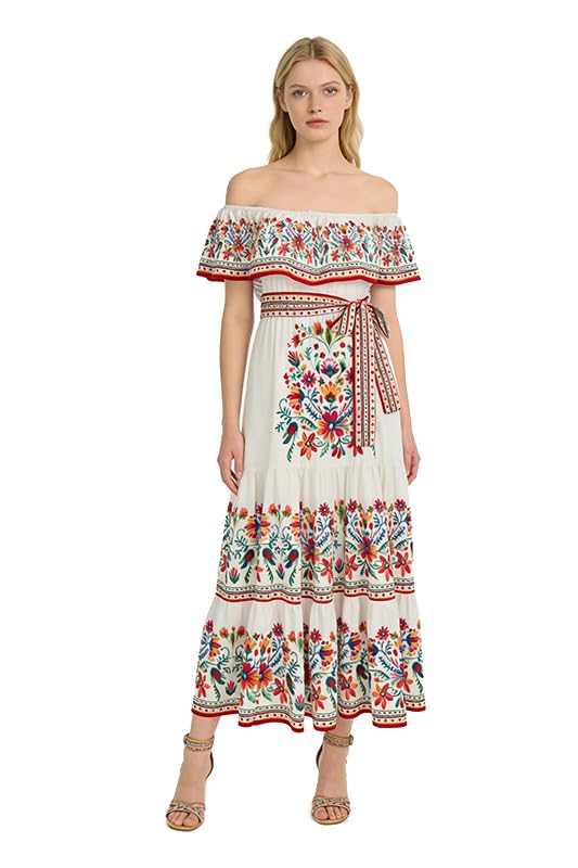 Womens Mexican Fiesta Dress Cinco De Mayo Spanish Cuban Dress with Belt(X-Large White)
